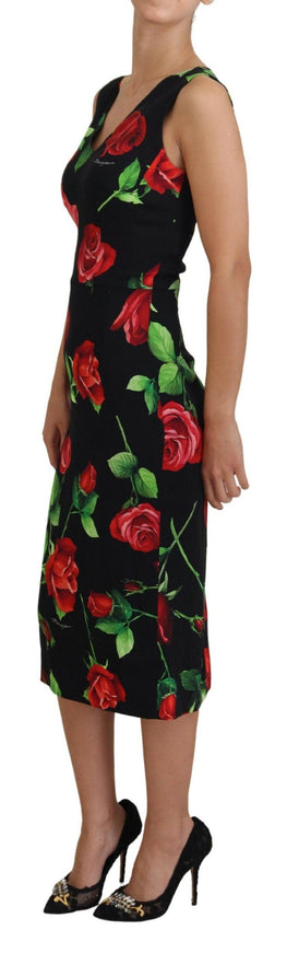 Dolce & Gabbana Black Roses Vneck Sleeveless Sheath Midi Dress - Ellie Belle