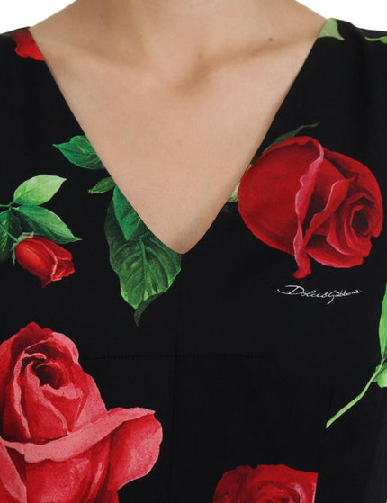 Dolce & Gabbana Black Roses Vneck Sleeveless Sheath Midi Dress - Ellie Belle