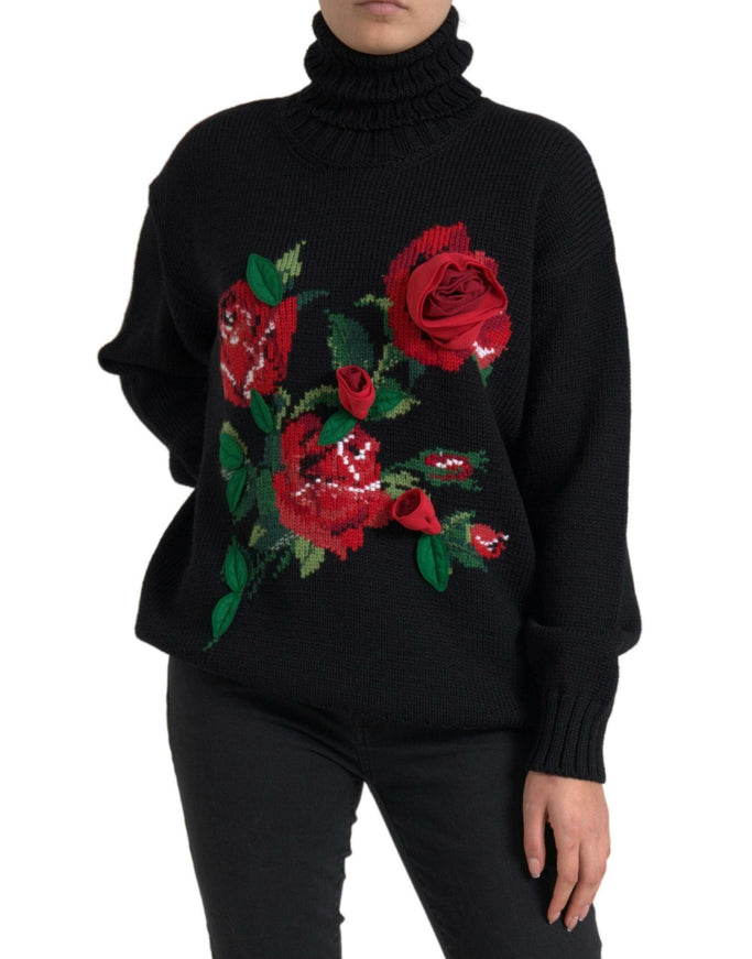 Dolce & Gabbana Black Roses Wool Turtleneck Pullover Sweater - Ellie Belle