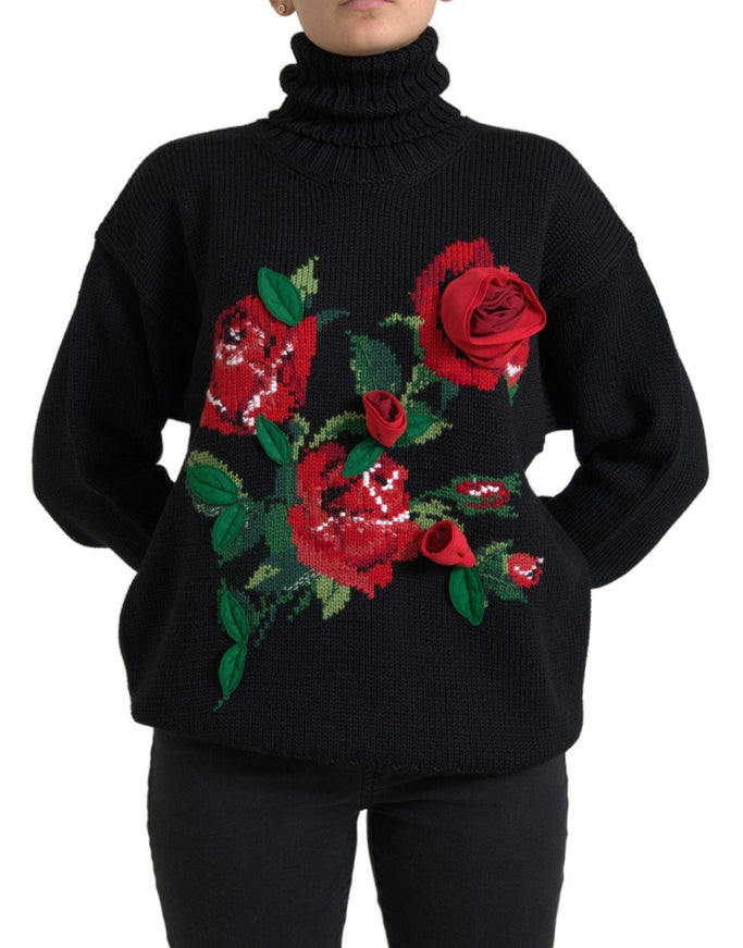 Dolce & Gabbana Black Roses Wool Turtleneck Pullover Sweater - Ellie Belle