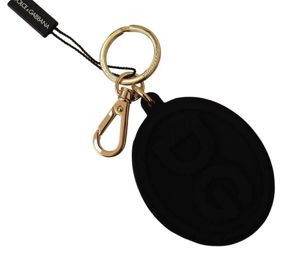 Dolce & Gabbana Black Rubber DG Logo Gold Brass Metal Keyring Keychain - Ellie Belle