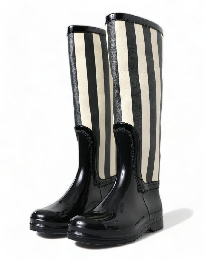 Dolce & Gabbana Black Rubber Knee High Flat Boots Shoes - Ellie Belle