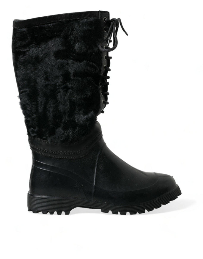 Dolce & Gabbana Black Rubber Lace Up Shearling Rain Boots Shoes - Ellie Belle