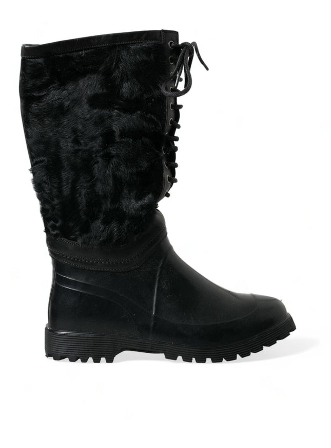 Dolce & Gabbana Black Rubber Lace Up Shearling Rain Boots Shoes - Ellie Belle