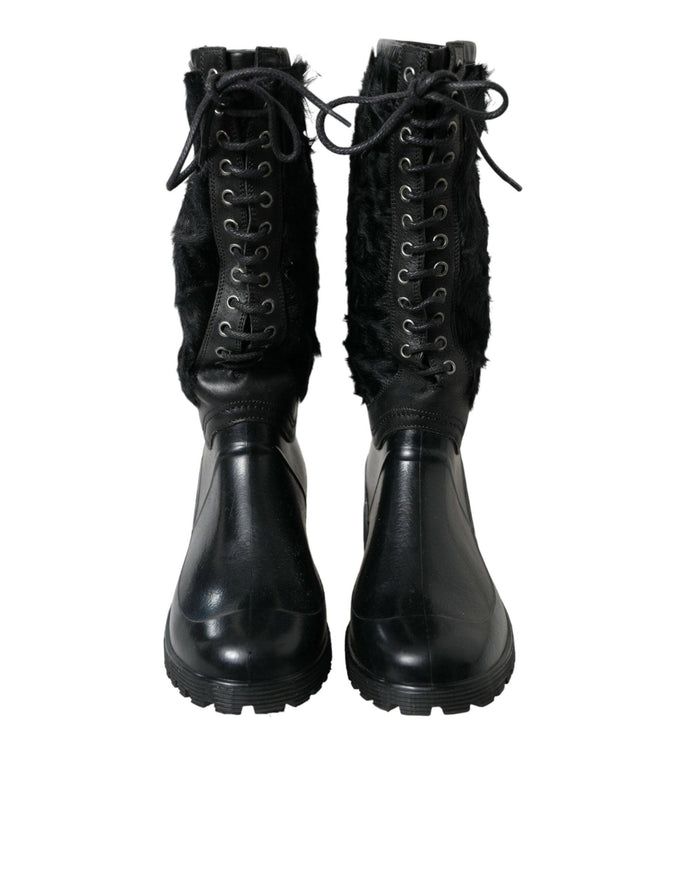 Dolce & Gabbana Black Rubber Lace Up Shearling Rain Boots Shoes - Ellie Belle