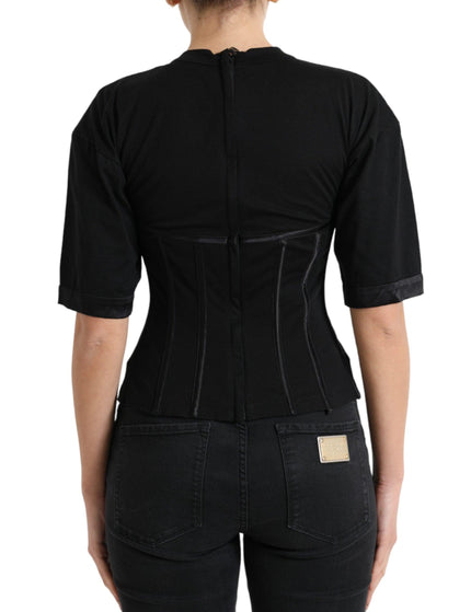 Dolce & Gabbana Black Satin Bustier Corset Jersey T-shirt Top - Ellie Belle