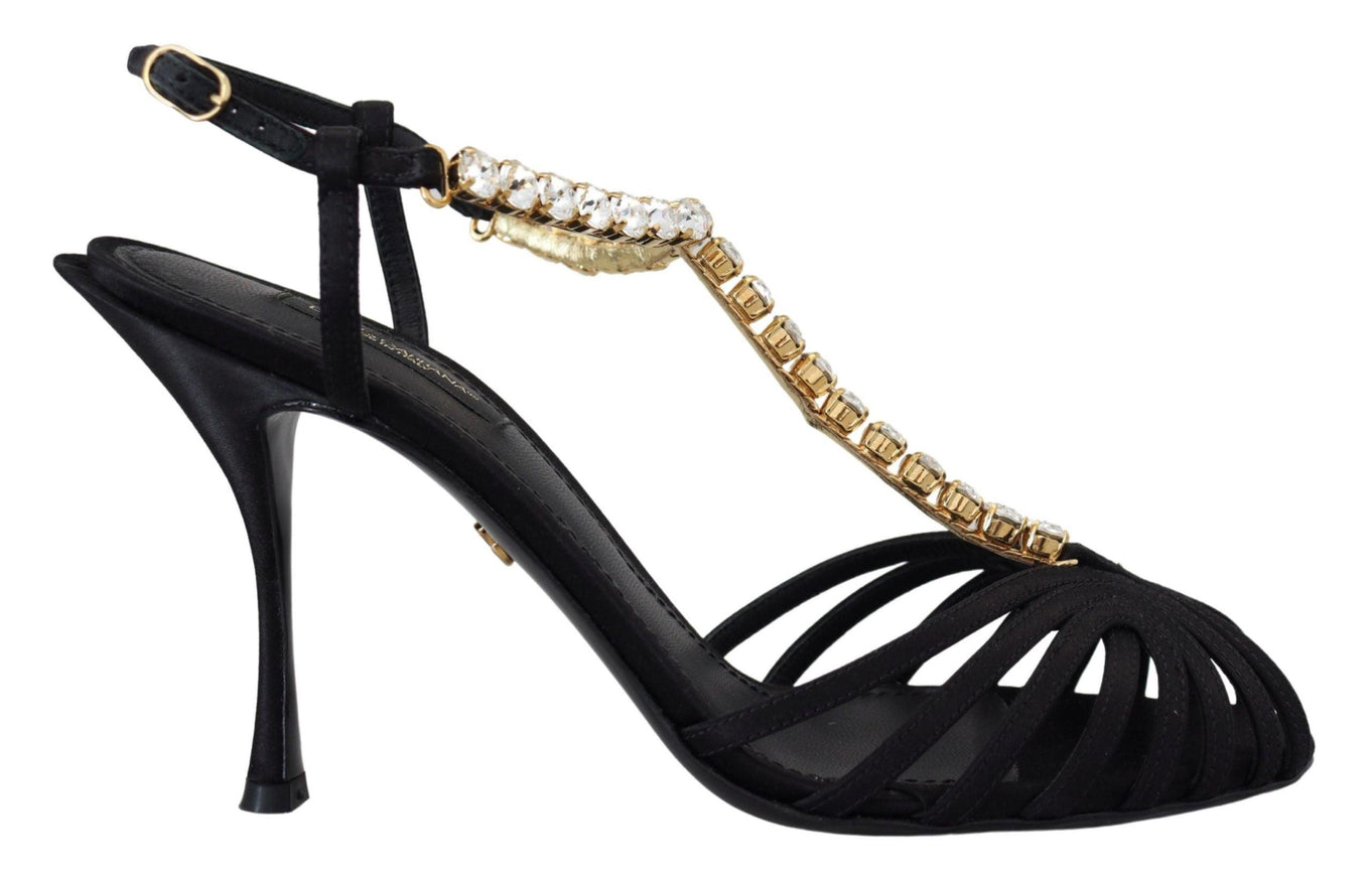 Dolce & Gabbana Black Satin Clear Crystal T-strap Sandal Shoes - Ellie Belle