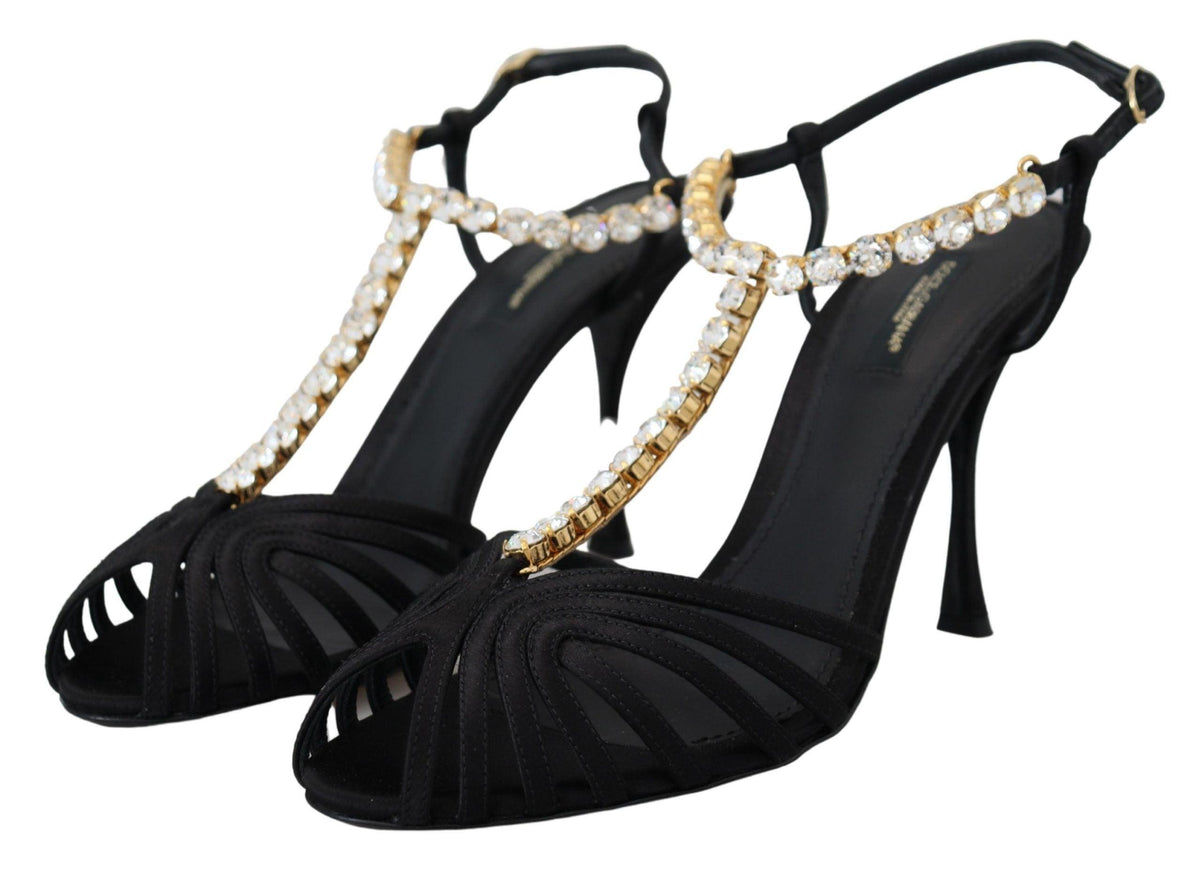 Dolce & Gabbana Black Satin Clear Crystal T-strap Sandal Shoes - Ellie Belle