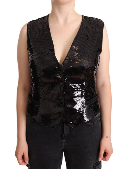Dolce & Gabbana Black Sequin V-Neck Sleeveless Vest Tank Top - Ellie Belle