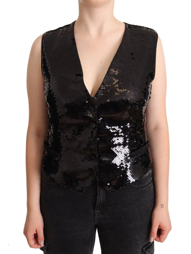 Dolce & Gabbana Black Sequin V-Neck Sleeveless Vest Tank Top - Ellie Belle