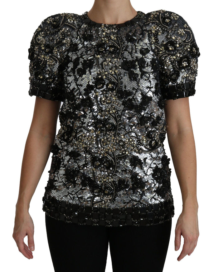 Dolce & Gabbana Black Sequined Crystal Embellished Top Blouse