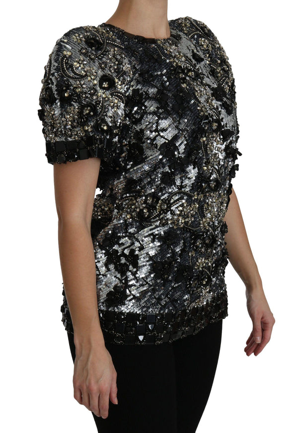 Dolce & Gabbana Black Sequined Crystal Embellished Top Blouse