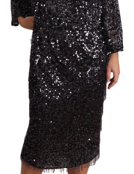 Dolce & Gabbana Black Sequined Long Sleeve Shift Midi Dress - Ellie Belle