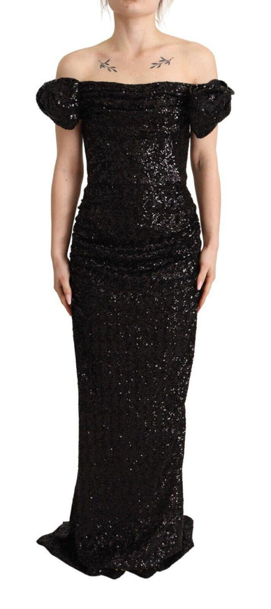 Dolce & Gabbana Black Sequined Off Shoulder Gown Sheath Dress - Ellie Belle