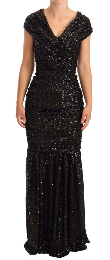 Dolce & Gabbana Black Sequined Open Shoulder Long Gown Dress - Ellie Belle