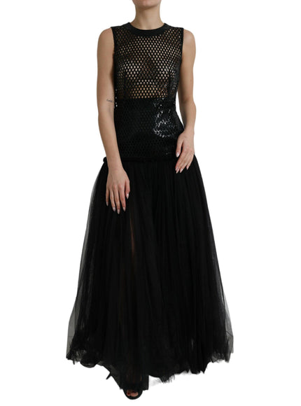 Dolce & Gabbana Black Sequined Sleeveless Mesh Layered Gown Dress - Ellie Belle