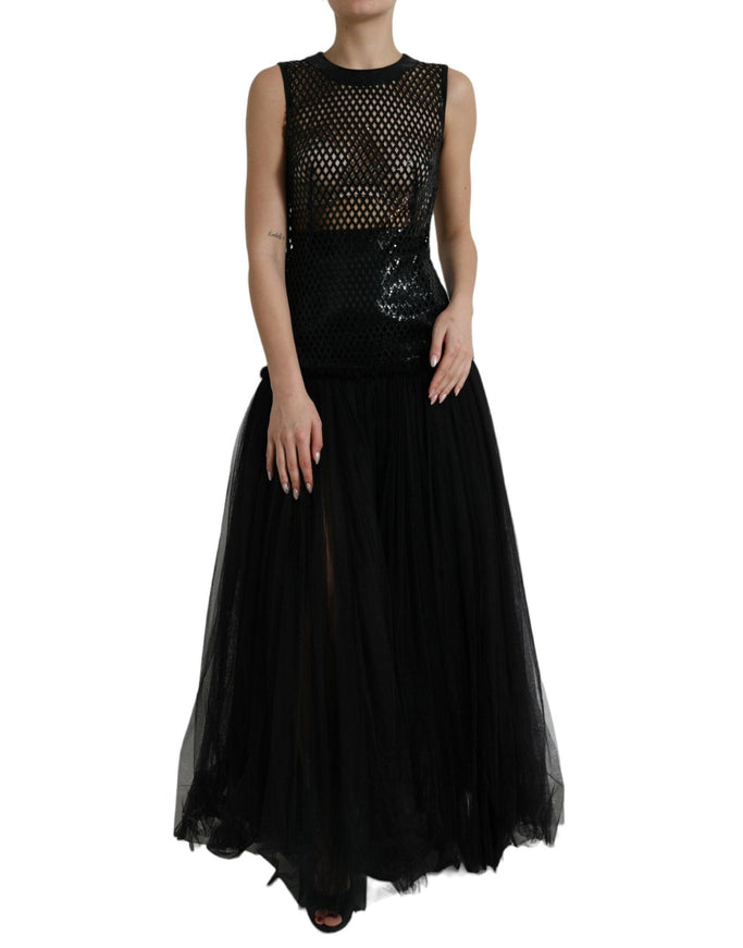 Dolce & Gabbana Black Sequined Sleeveless Mesh Layered Gown Dress - Ellie Belle