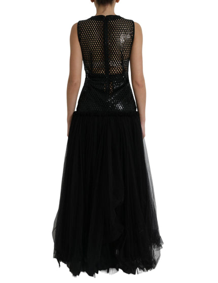 Dolce & Gabbana Black Sequined Sleeveless Mesh Layered Gown Dress - Ellie Belle