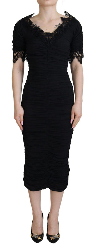 Dolce & Gabbana Black Sheath Midi Bodycon Lace Silk Dress - Ellie Belle