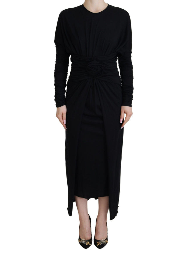 Dolce & Gabbana Black Sheath Midi Gown Wool Wrap Dress - Ellie Belle