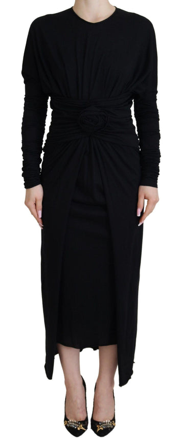 Dolce & Gabbana Black Sheath Midi Gown Wool Wrap Dress IT36 Dolce & Gabbana Black Sheath Midi Gown Wool Wrap Dress IT36