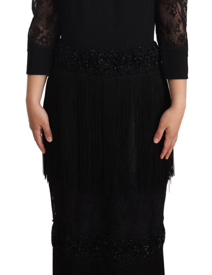 Dolce & Gabbana Black Sheer Floral Lace Crystal Maxi Dress - Ellie Belle