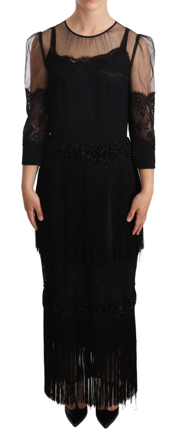 Dolce & Gabbana Black Sheer Floral Lace Crystal Maxi Dress - Ellie Belle