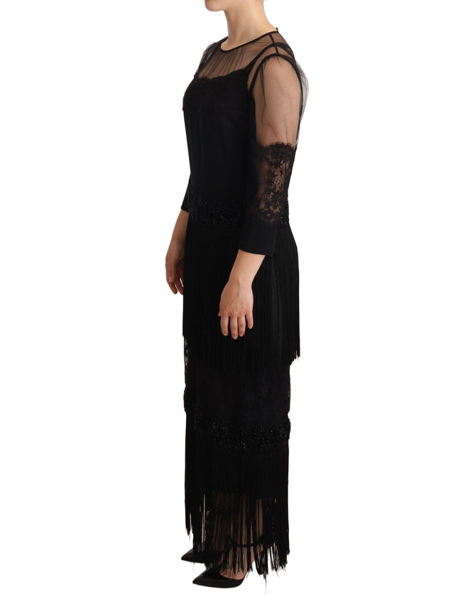 Dolce & Gabbana Black Sheer Floral Lace Crystal Maxi Dress - Ellie Belle