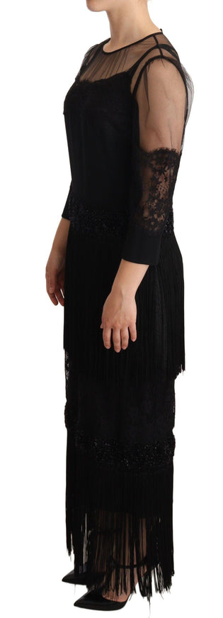 Dolce & Gabbana Black Sheer Floral Lace Crystal Maxi Dress - Ellie Belle