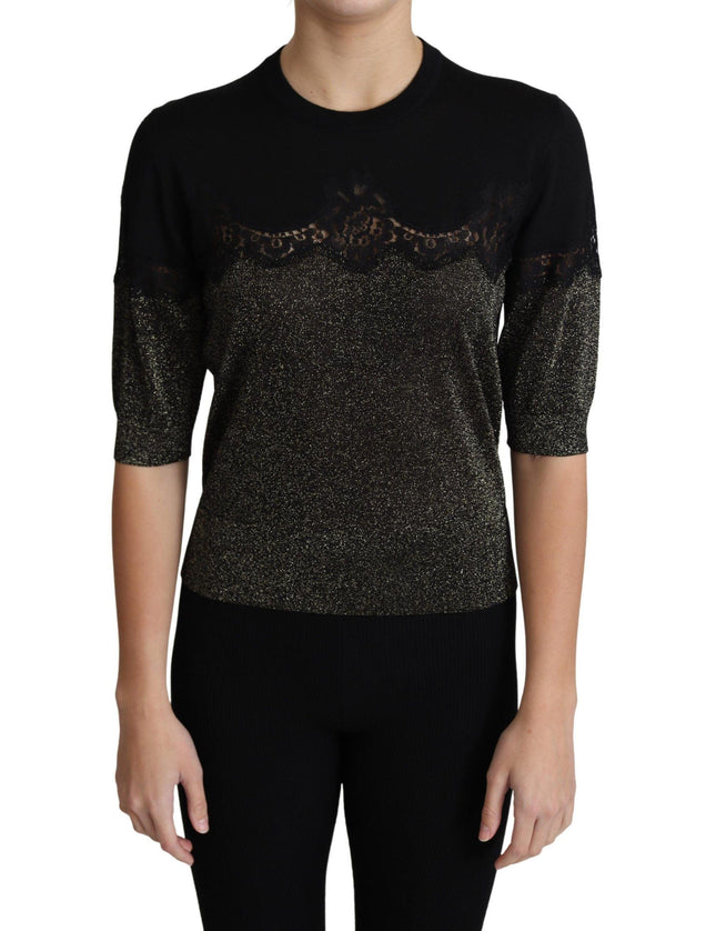 Dolce & Gabbana Black Shiny Lurex Lace Insert Pullover Top - Ellie Belle