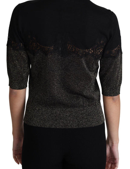 Dolce & Gabbana Black Shiny Lurex Lace Insert Pullover Top - Ellie Belle
