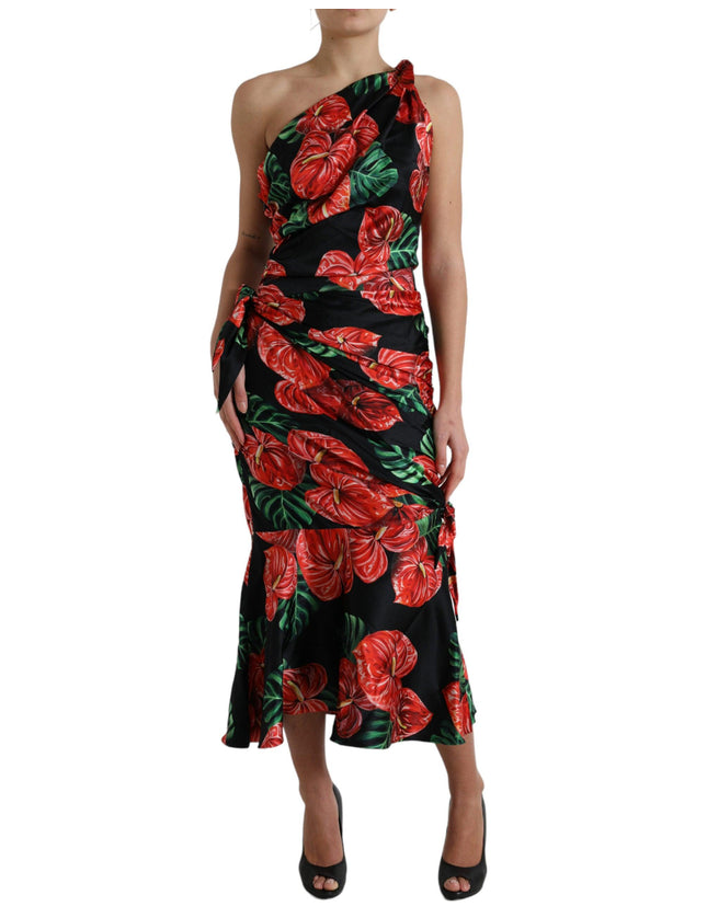 Dolce & Gabbana Black Shiny Silk Floral Print Draped Dress - Ellie Belle