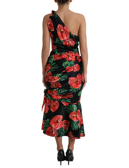 Dolce & Gabbana Black Shiny Silk Floral Print Draped Dress - Ellie Belle