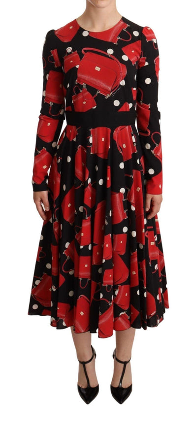 Dolce & Gabbana Black Sicily Bag Print Flared Midi Dress - Ellie Belle