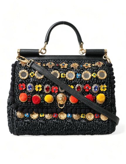 Dolce & Gabbana Black Sicily Embellished Raffia Tote Crossbody Bag - Ellie Belle