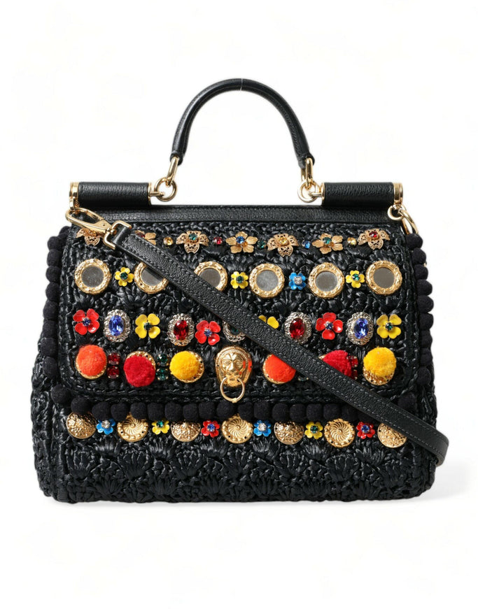 Dolce & Gabbana Black Sicily Embellished Raffia Tote Crossbody Bag - Ellie Belle