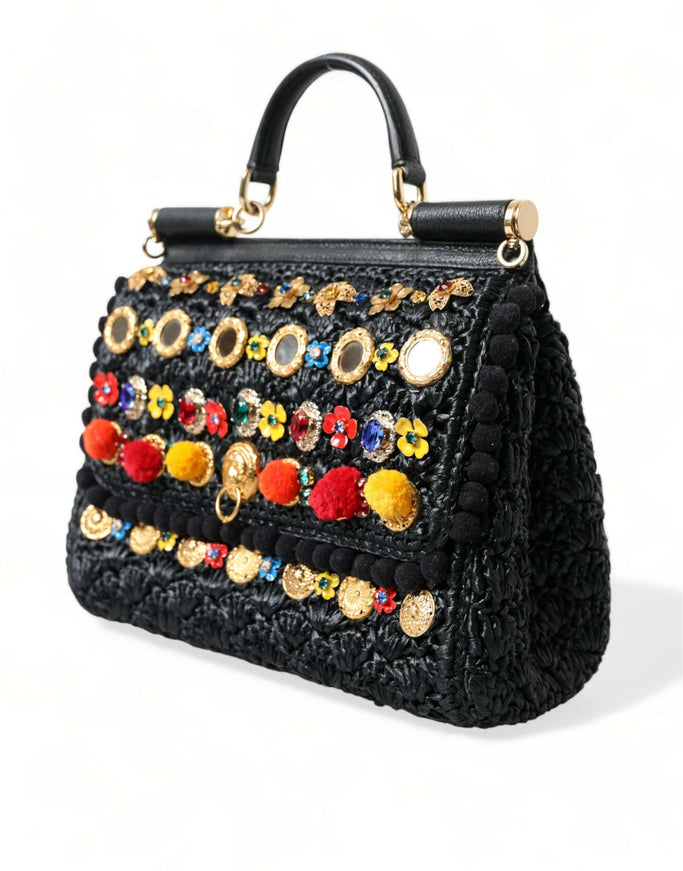 Dolce & Gabbana Black Sicily Embellished Raffia Tote Crossbody Bag - Ellie Belle