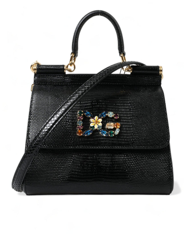 Dolce & Gabbana Black SICILY Leather Crystal Top Handle Shoulder Bag - Ellie Belle