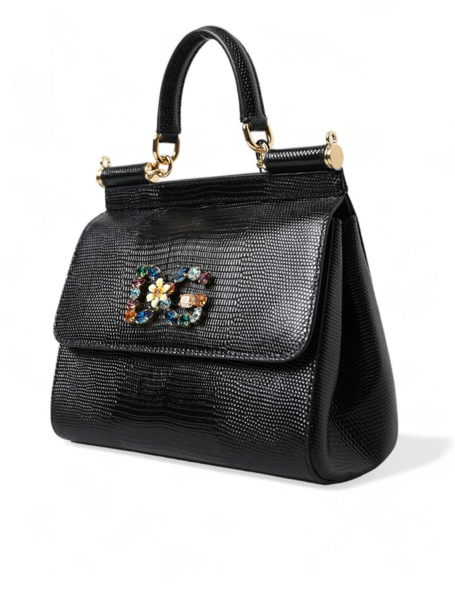 Dolce & Gabbana Black SICILY Leather Crystal Top Handle Shoulder Bag - Ellie Belle