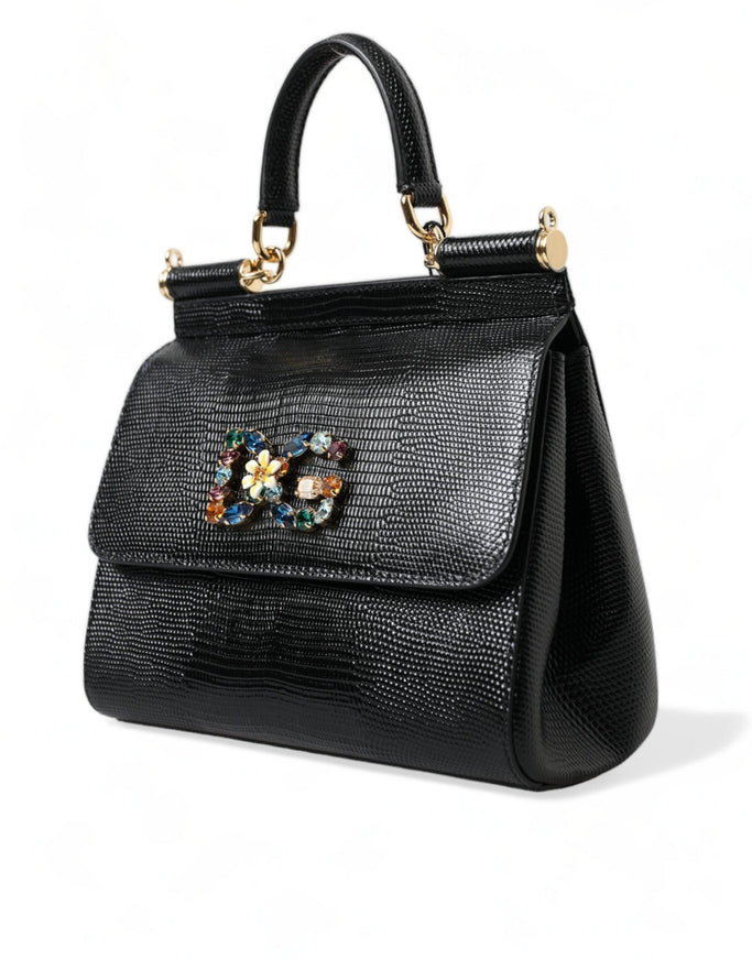 Dolce & Gabbana Black SICILY Leather Crystal Top Handle Shoulder Bag - Ellie Belle