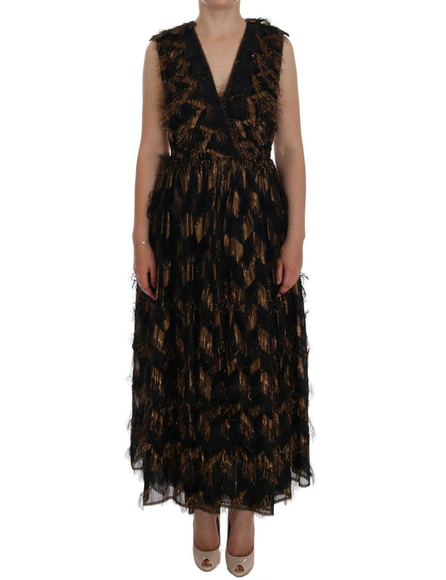 Dolce & Gabbana Black Silk Brown Fringes A-Line Dress - Ellie Belle