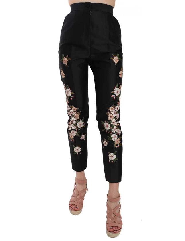 Dolce & Gabbana Black Silk Floral Embroidered Pants