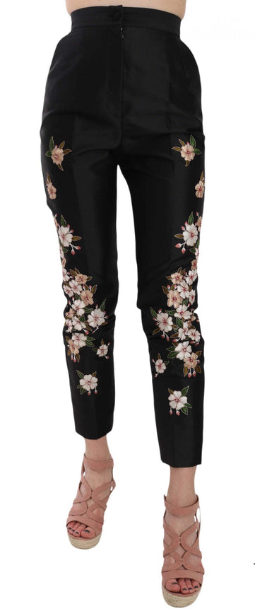 Dolce & Gabbana Black Silk Floral Embroidered Pants