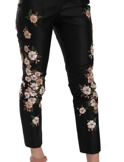 Dolce & Gabbana Black Silk Floral Embroidered Trousers Slim Pants - Ellie Belle