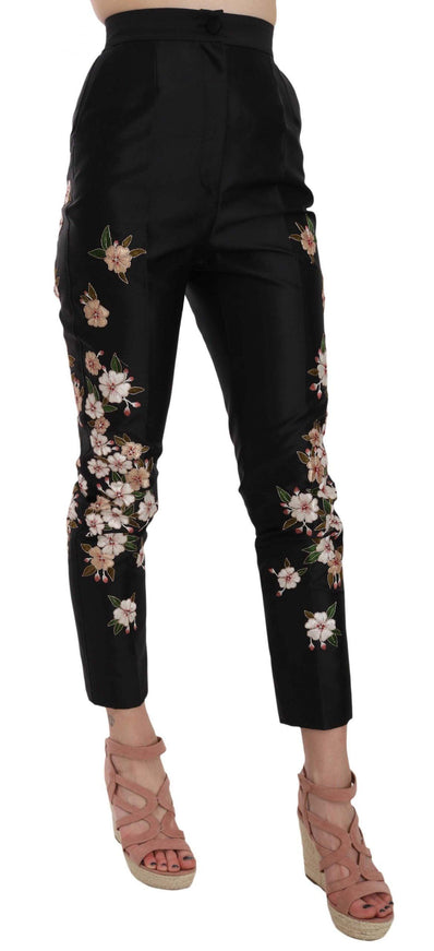 Dolce & Gabbana Black Silk Floral Embroidered Pants