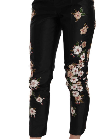 Dolce & Gabbana Black Silk Floral Embroidered Trousers Slim Pants - Ellie Belle