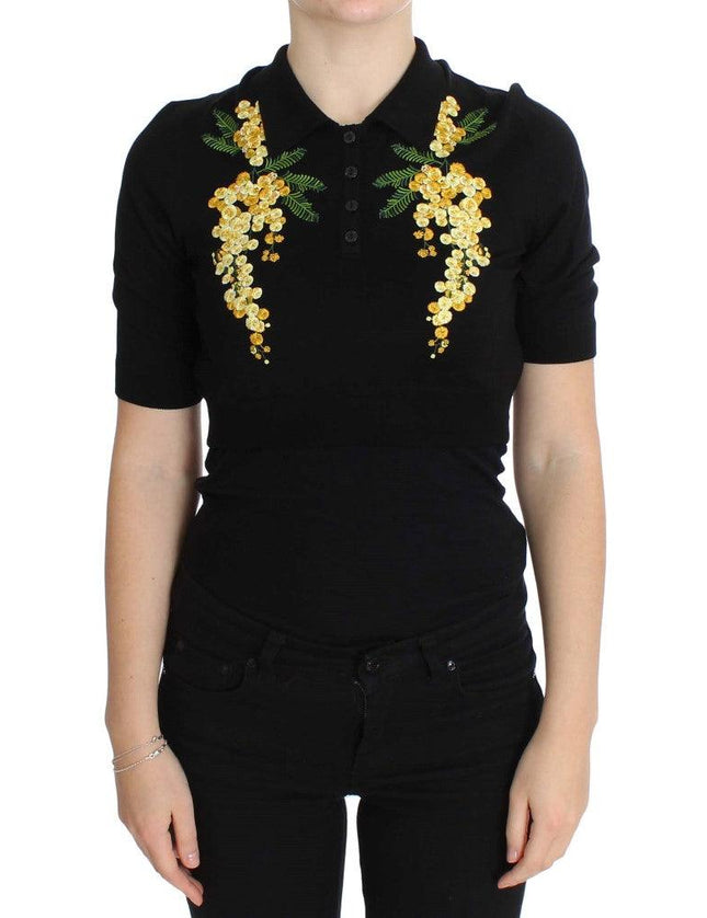 Dolce & Gabbana Black Silk Floral Embroidered Polo Top - Ellie Belle