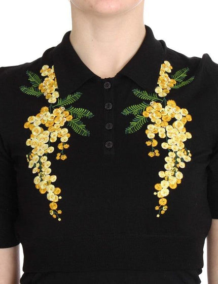 Dolce & Gabbana Black Silk Floral Embroidered Polo Top - Ellie Belle