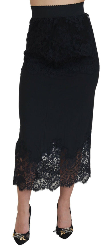 Dolce & Gabbana Black Silk Floral Lace High Waist Midi Skirt - Ellie Belle