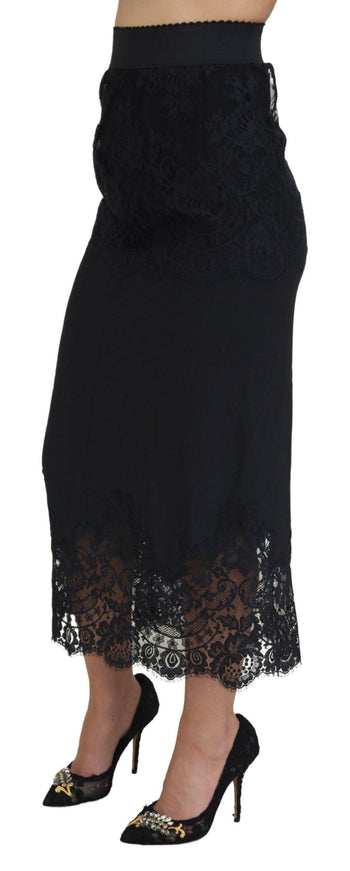 Dolce & Gabbana Black Silk Floral Lace High Waist Midi Skirt - Ellie Belle